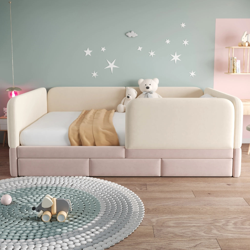 Letto imbottito per bambini 140x200 cm con parapetto perimetrale; bordi arrotondati e ampio cassetto; velluto rosa