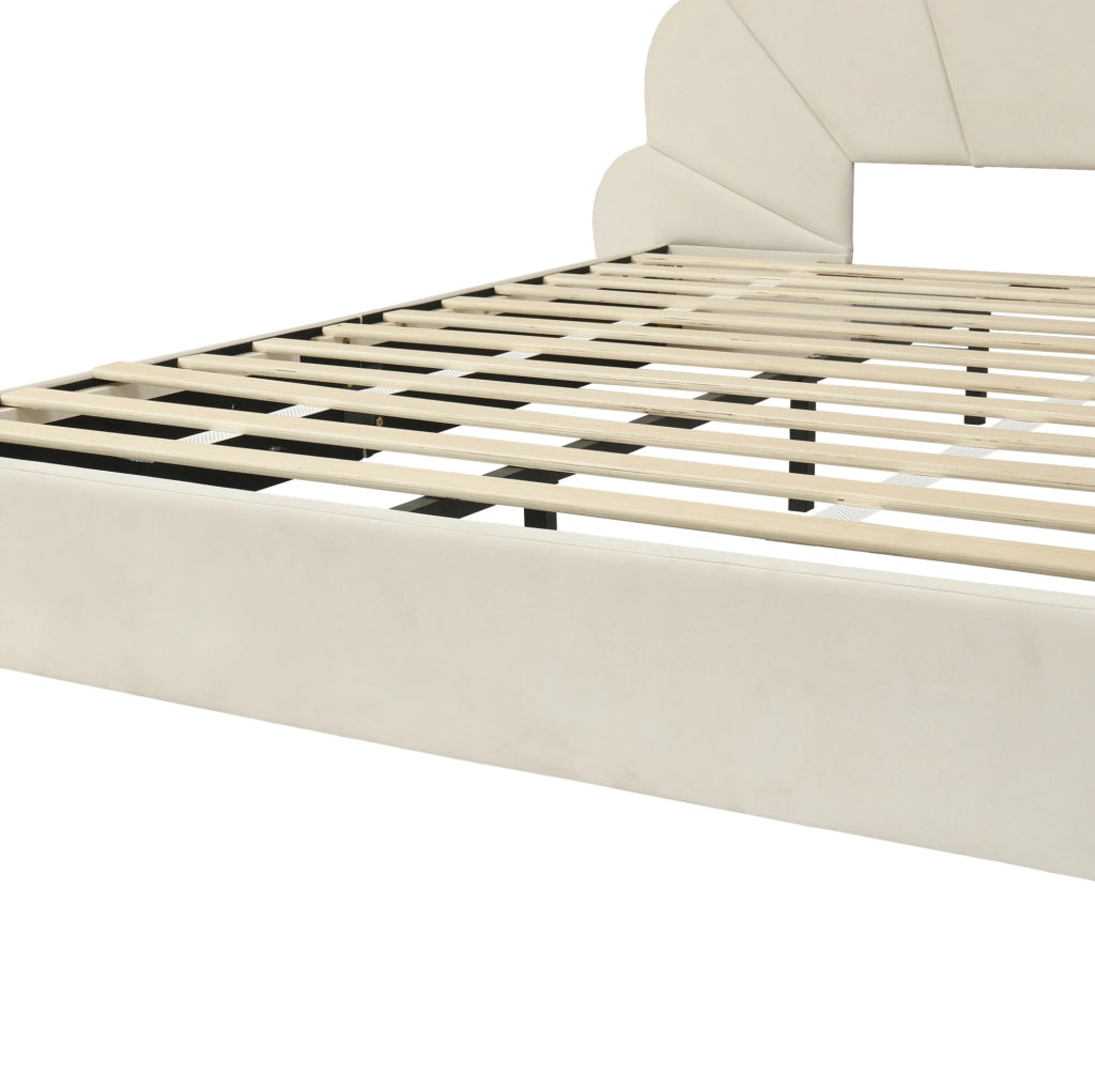 Letto matrimoniale imbottito beige in velluto con testiera floreale 140x200 cm