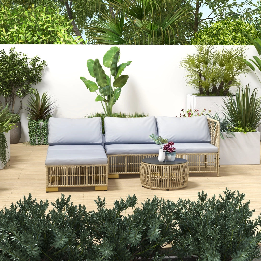Set Divano da Giardino 5 pz con Cuscini e Pouf ¨C MINIMAL ¨C Polyrattan Grigio Chiaro