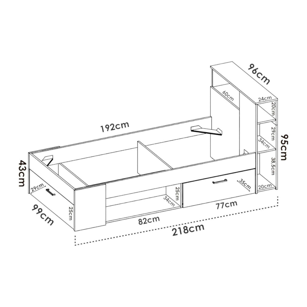 Letto per bambini Adrielle, Lettino per cameretta con testiera, Struttura per letto singolo con cassetto e scaffali, 218x99h96 cm, Rovere e Antracite