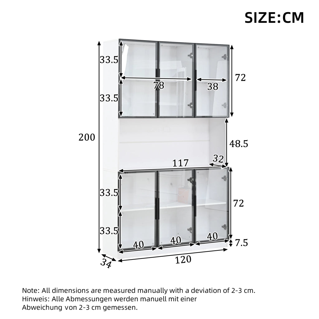 Vetrina alta con LED, 6 ante in vetro e chiusura ammortizzata, per soggiorno, in MDF e vetro, bianco, 120 × 34 × 200 cm