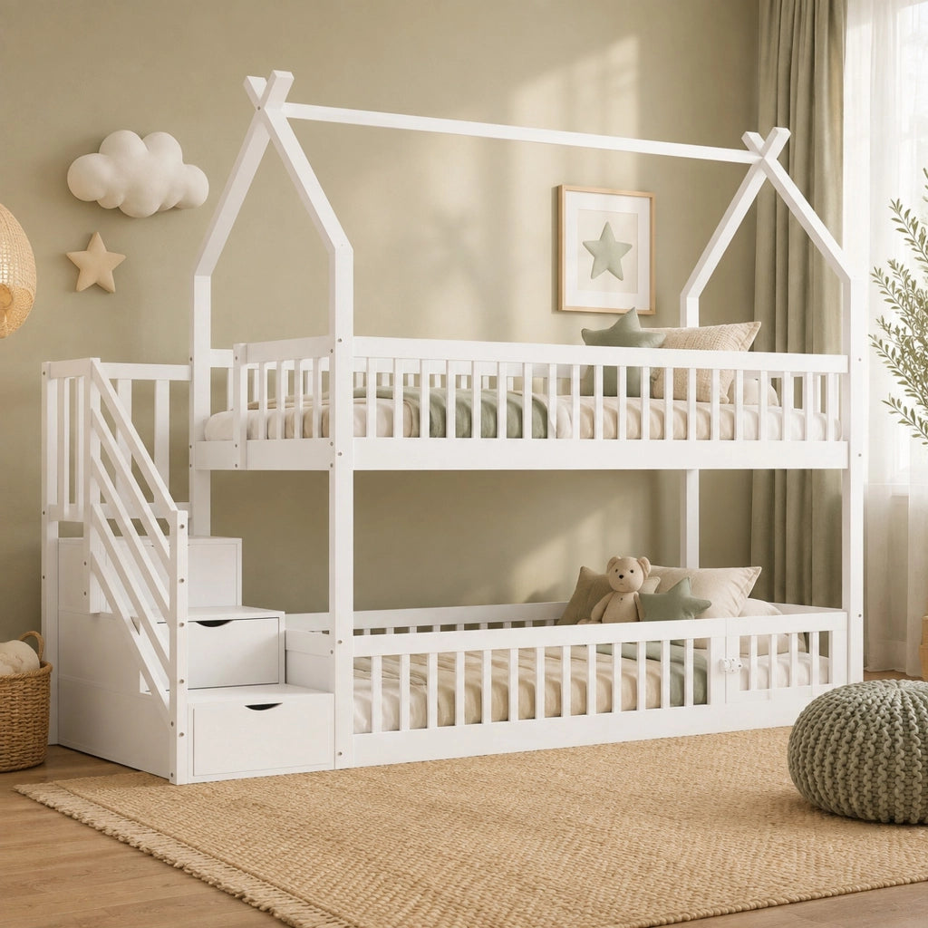 LETTO a castello per bambini 90x200 cm in legno massello bianco con tetto