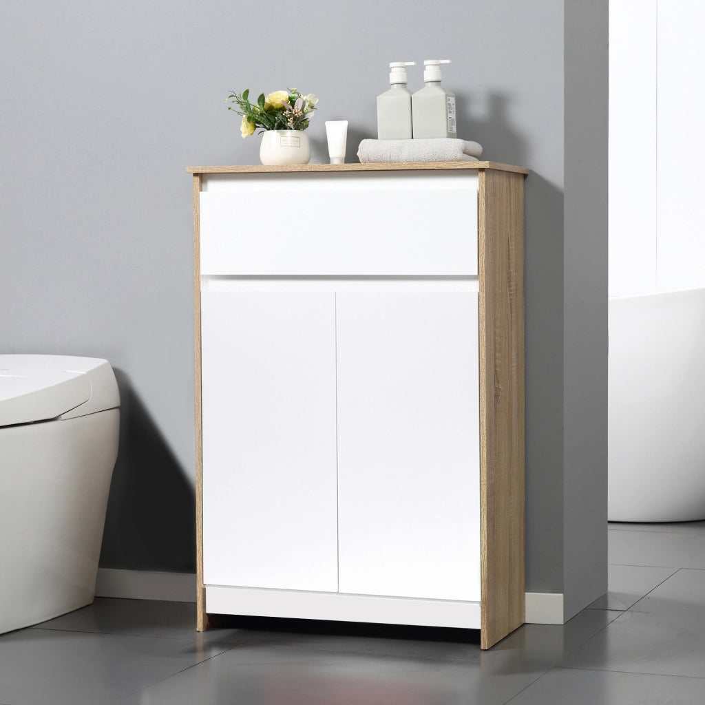 Mobile Bagno Multiuso, Mobiletto da Bagno con Armadietto e Cassetto, Salvaspazio, Color Legno e Bianco 60x30x90cm
