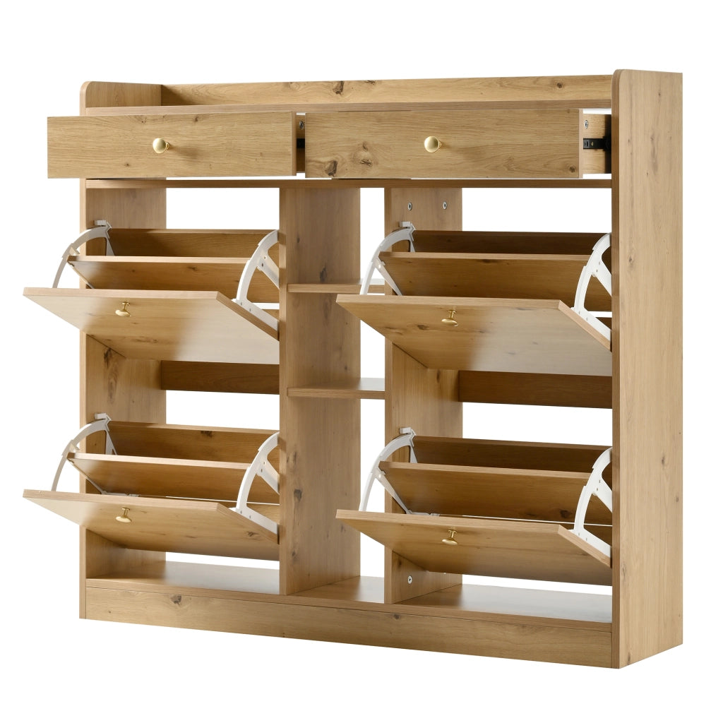 Mobile Scarpiera con 4 Ante a Ribalta; 2 Cassetti e 3 Vani Aperti; Stile Minimalista; in Pannello Truciolare; 110×26×100 cm; Naturale