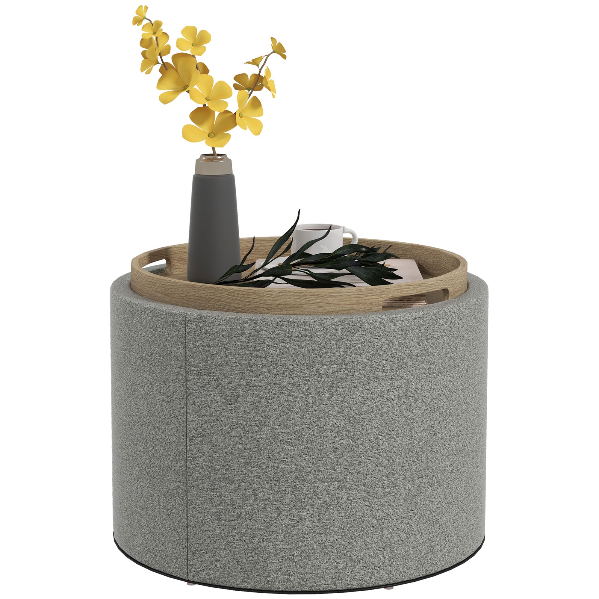 Pouf Contenitore Effetto Lino da 120 kg max 56x56x42 cm con Vassoio a Ribalta in MDF Grigio