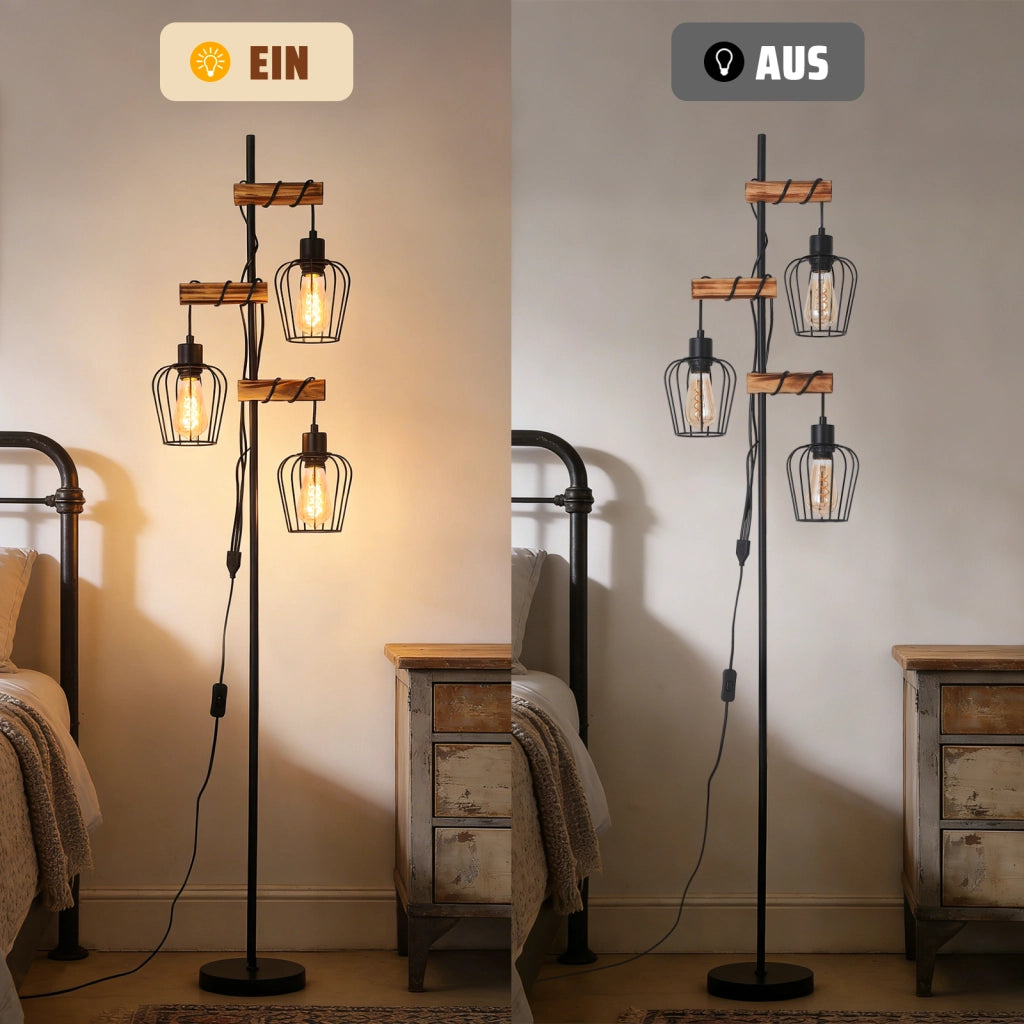 ZMH Lampada da Terra Vintage Legno Soggiorno Industriale 3xE27 Retro Lampada da Lettura Rustica Senza Lampadine