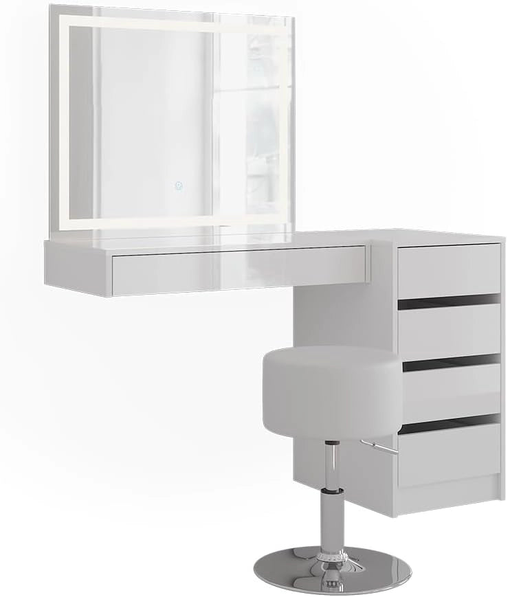 Tavolo da toeletta Sherry, Bianco/bianco lucido, 120 cm 4 parti, con illuminazione LED e specchio integrato