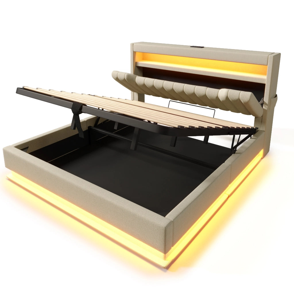 Letto matrimoniale imbottito ULEVR 140x200 cm con contenitore idraulico, LED, 3 USB e Type-C, lino beige