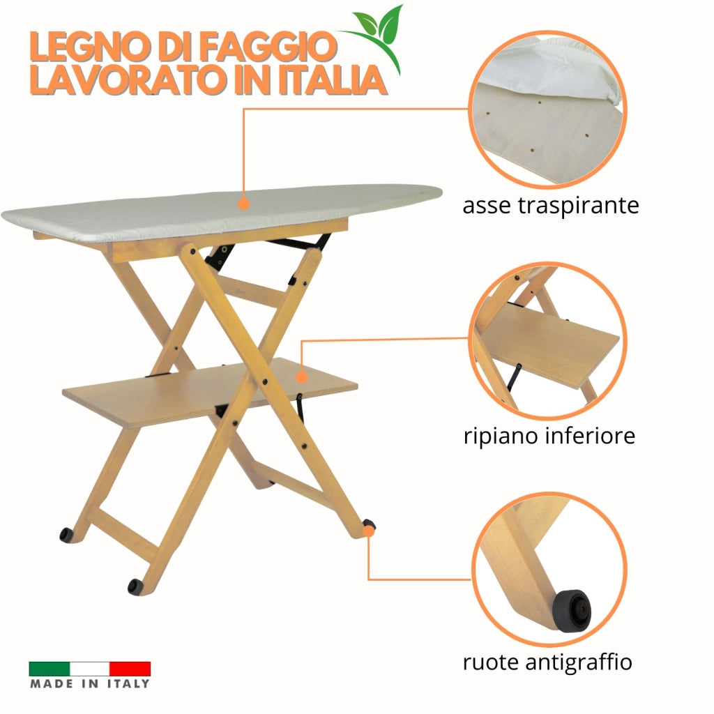 Marvin Asse da Stiro Lara Richiudibile con Ruote e Ripiano Porta Biancheria Robusto Pieghevole Salvaspazio Made Naturale