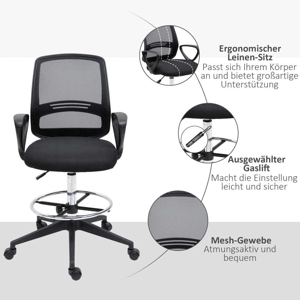 Chaise de bureau ergonomica girevole con altezza regolabile, poggiapiedi, seduta imbottita e schienale in rete nero