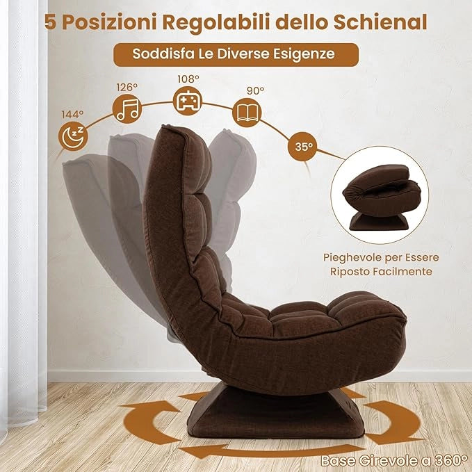 Chaise longue da Pavimento Pieghevole, Sedia da Gioco da Pavimento con Schienale Regolabile in 5 Posizioni, Divano Reclinabile da Interno (Marrone)
