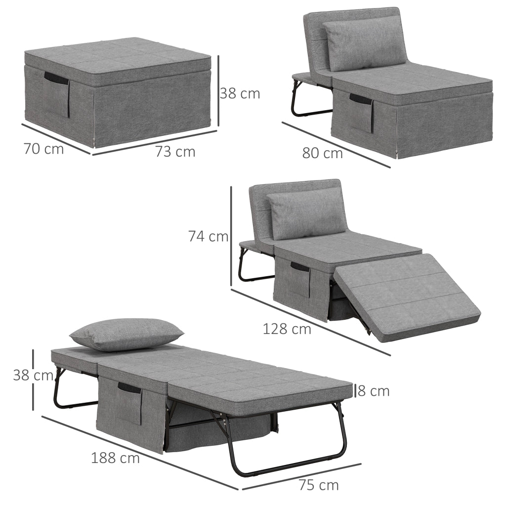 Letto pieghevole 4 in 1 grigio con schienale regolabile a 5 posizioni, struttura in acciaio