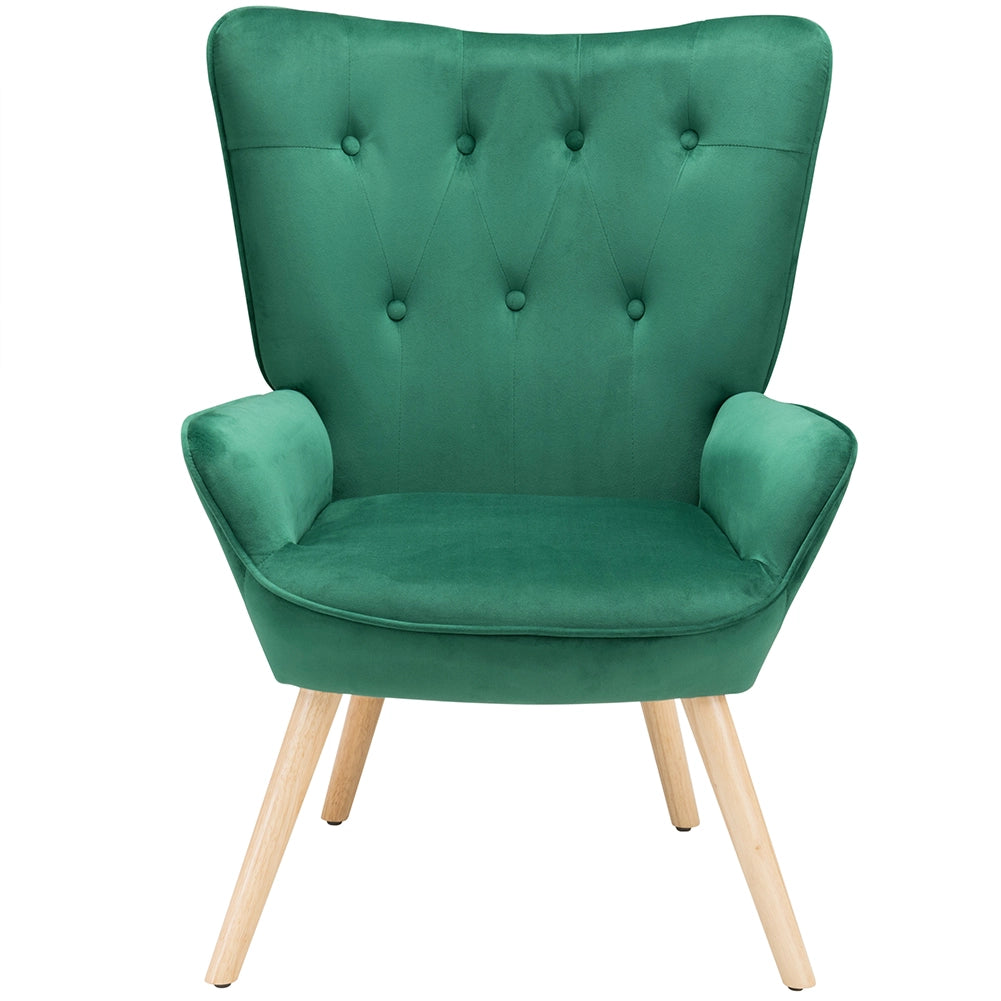 Poltrona Stile Scandinavo con Schienale Alto e Poggiapiedi In Velluto e Gambe in Legno Verde