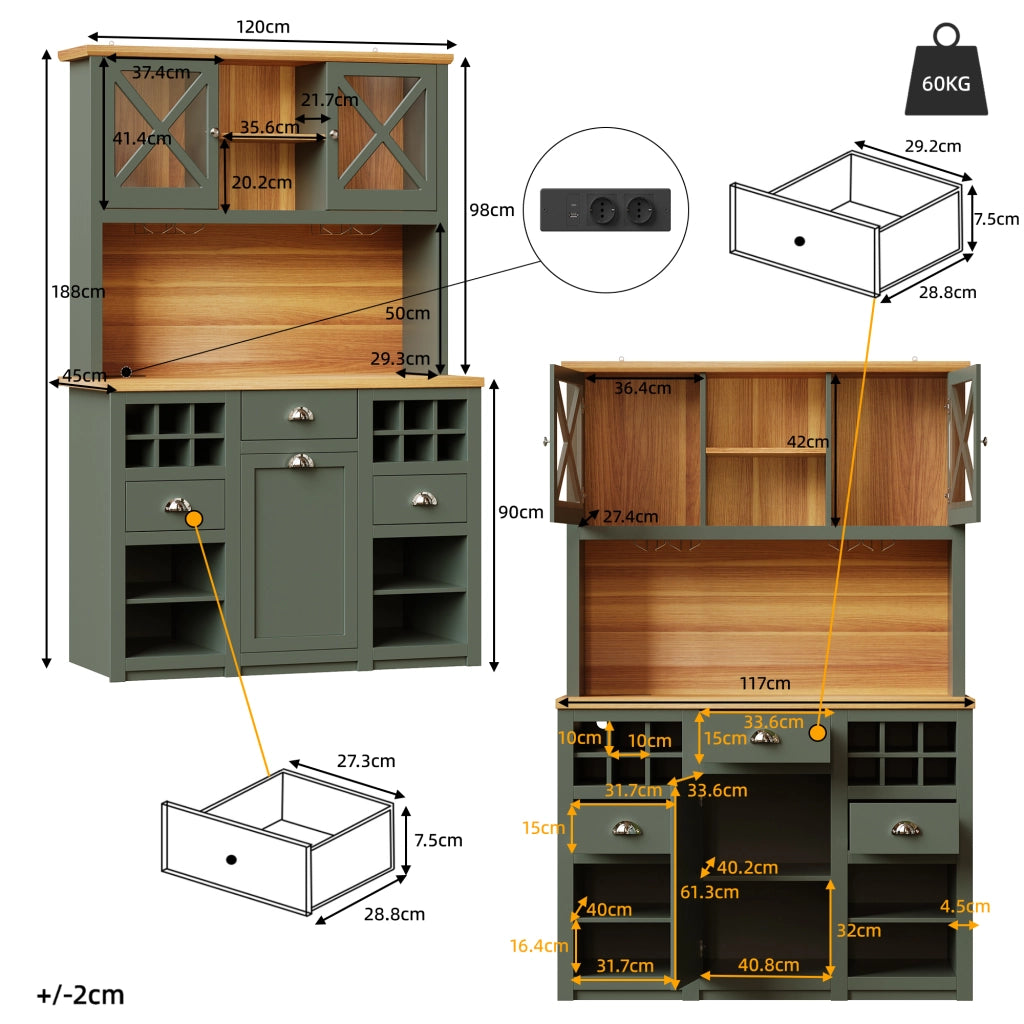 Mobile Cucina Alto con Ante in Vetro e LED, Portabottiglie ¨C MINIMAL ¨C Verde 120x45x188 cm
