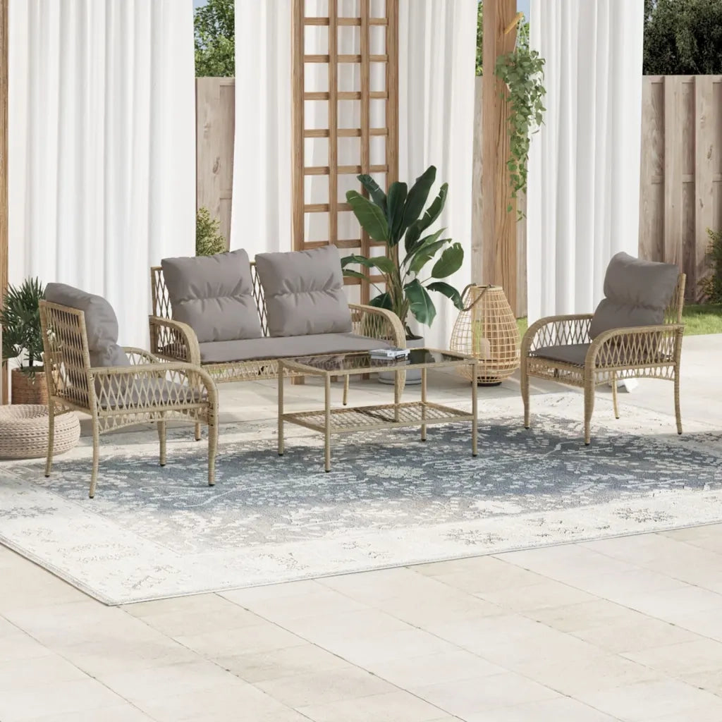 Set Divano da Giardino 4 pz | Set Salotto da Giardino con Cuscini Beige in Polyrattan