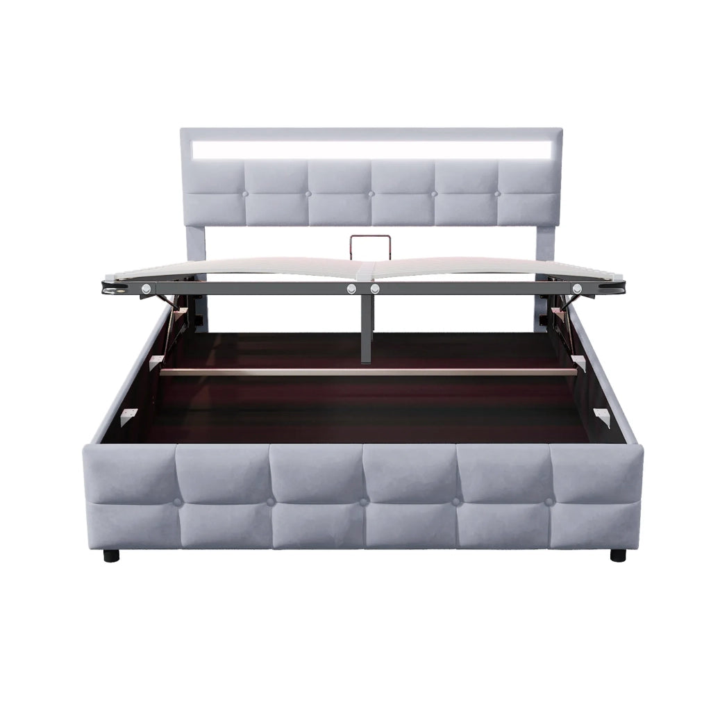 Letto matrimoniale contenitore 180x200 cm con LED; apertura idraulica; rivestimento in velluto grigio e rete