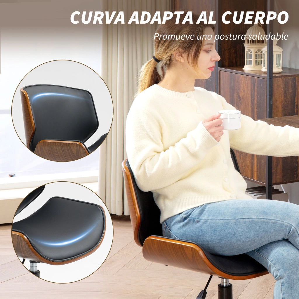 Sedia da ufficio girevole senza braccioli in legno curvato e PU regolabile ¨C Xylo ¨C Nero e marrone
