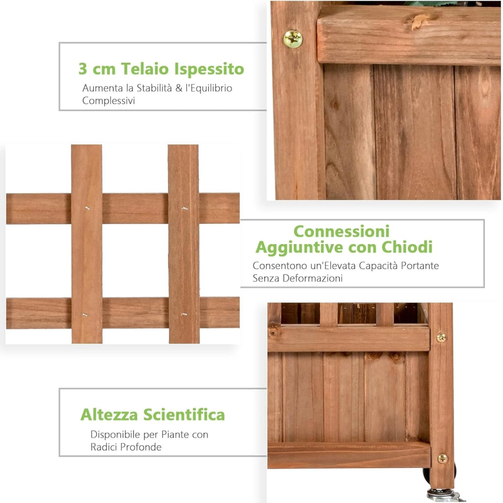 Fioriera in Legno Massiccio con Traliccio, Letto per Piante Rampicanti con Grigliato, Ruote Bloccabili e Foro di Drenaggio, Fioriera da Giardino, Terrazza e Cortile