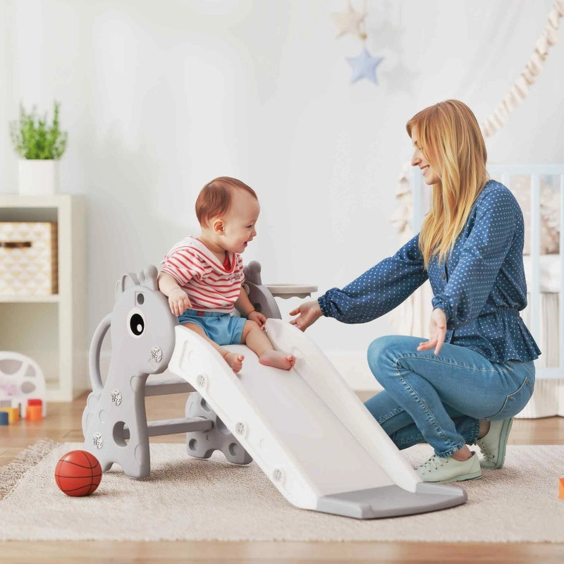 Scivolo 3 in 1 per bambini, a forma di giraffa, con canestro da basket e palla, colore grigio.