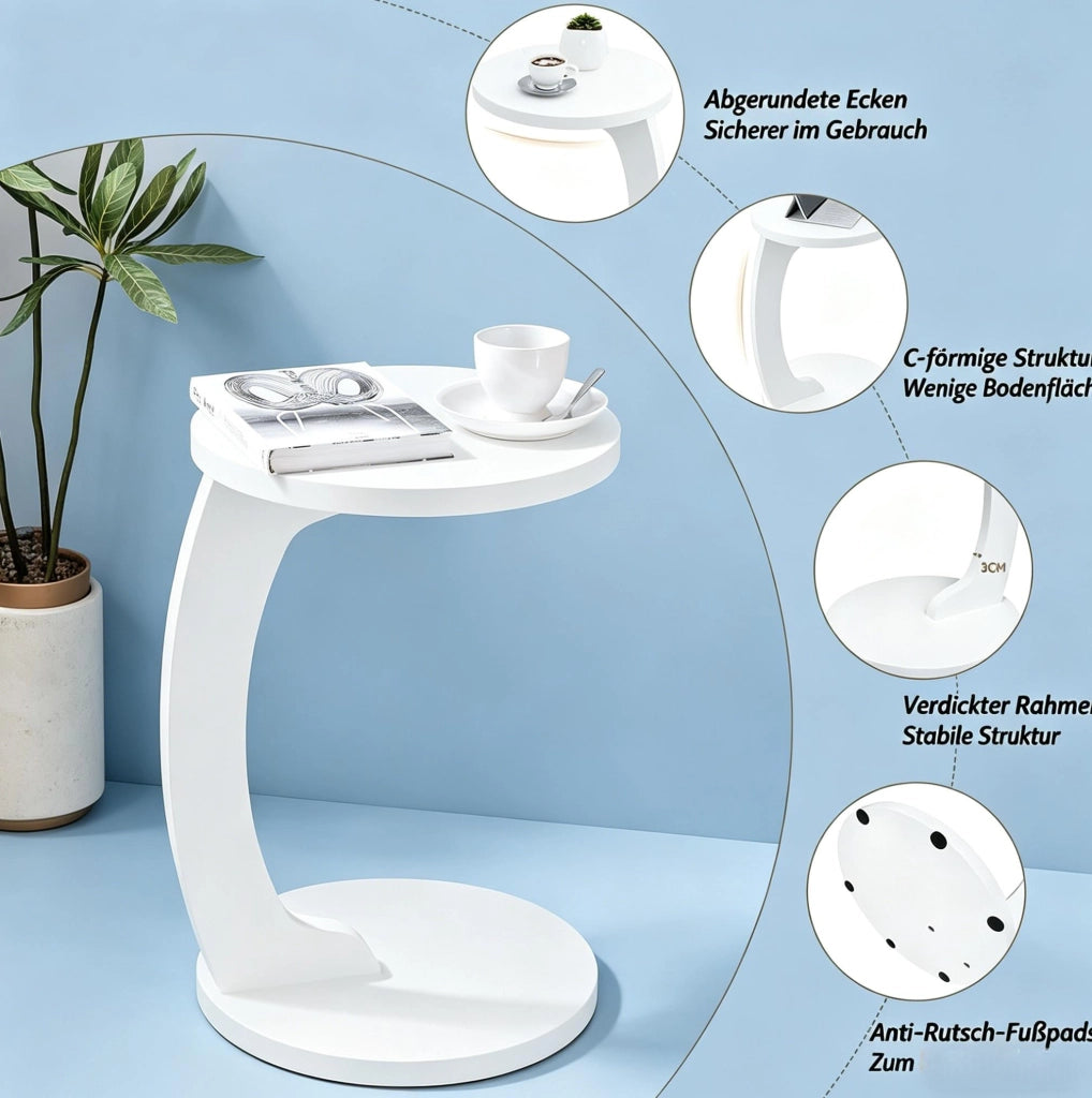 Tavolino laterale rotondo a C 38 x 55 cm in MDF bianco