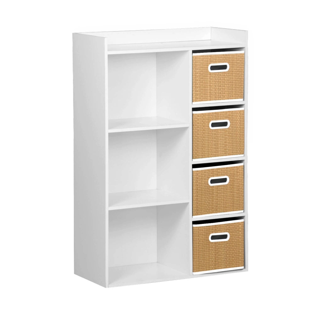 Libreria per bambini con 4 cestini in fibra vegetale, naturale