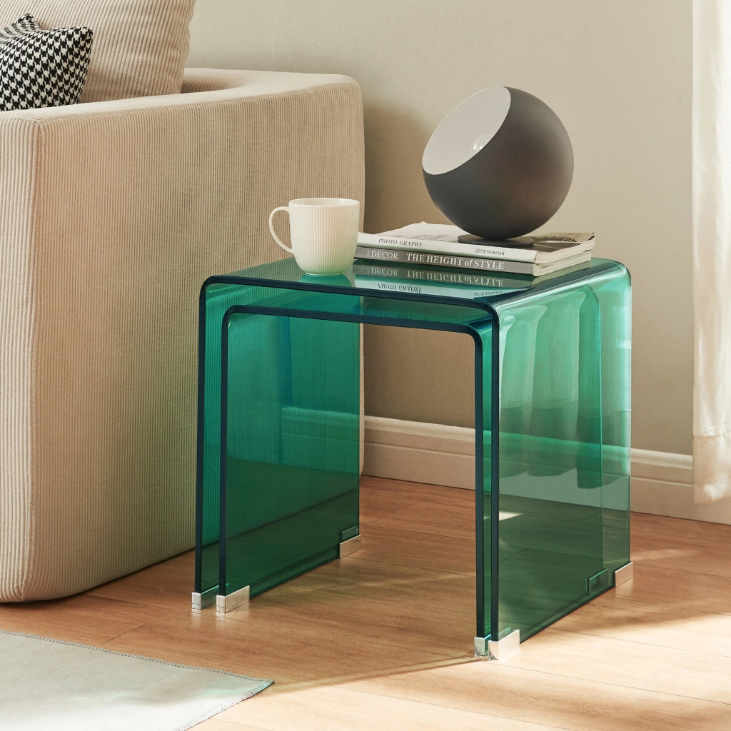 Set Kariengem di 2 Tavolini Sovrapponibili in Vetro - Verde [en.casa]