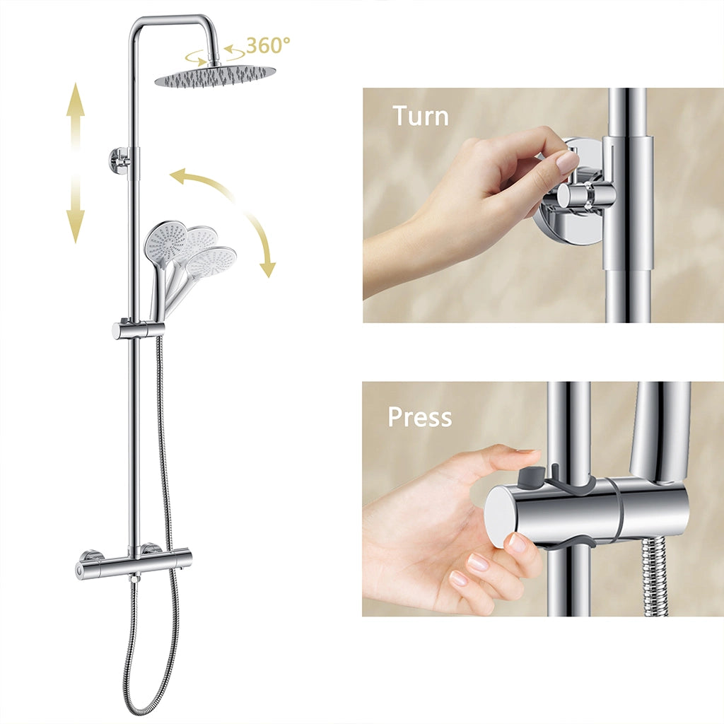 AICA ITALY Sistema Doccia con Miscelatore Termostatico a 38℃ e Soffione Rotondo da 25cm Altezza Regolabile 72-120cm Cromo