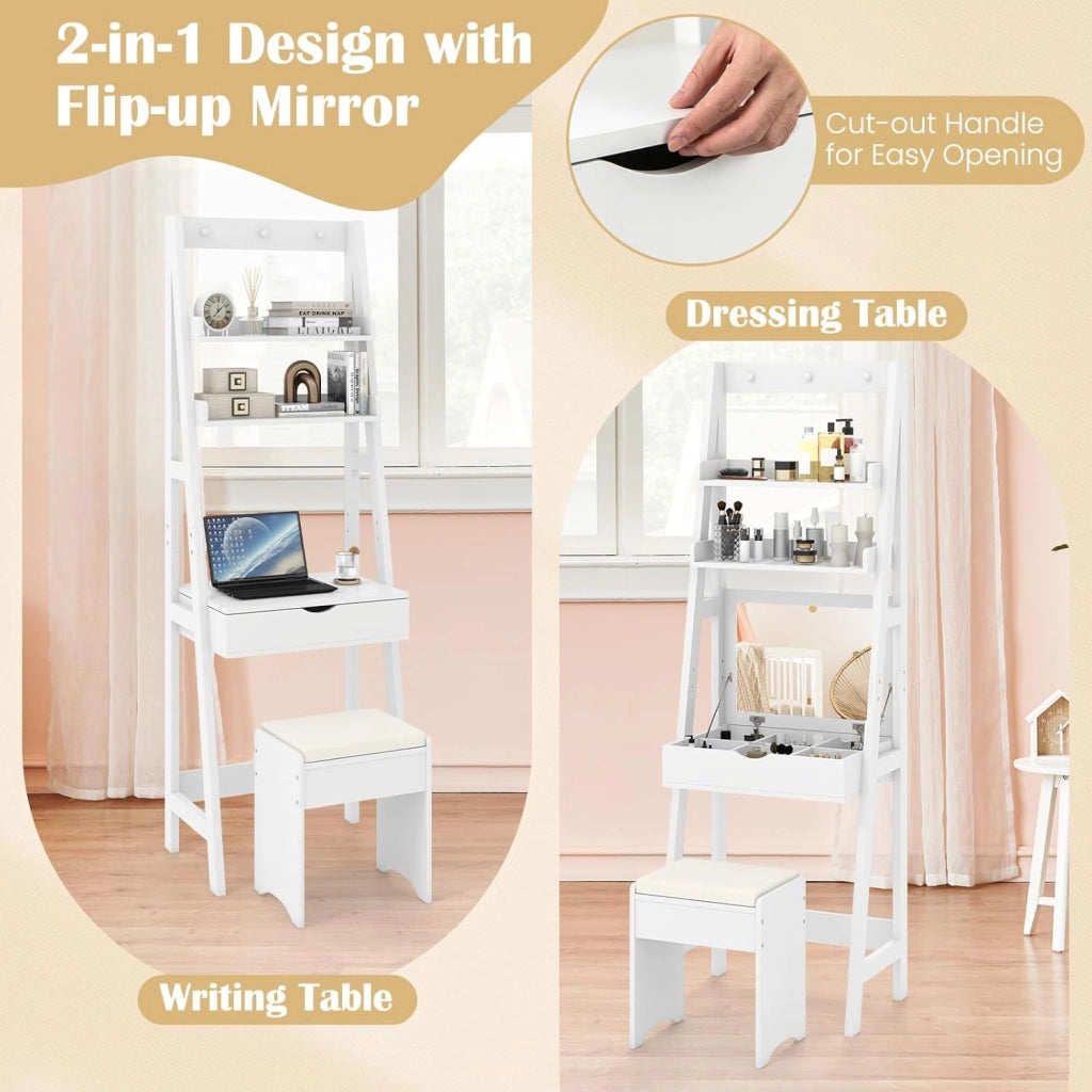 Tavolo da Toeletta con Sgabello con 3 Ganci, Scaffale da Stocaggio per Cosmetici, Set Mobile Camerette con Specchio Apribile, 60x40x180 cm