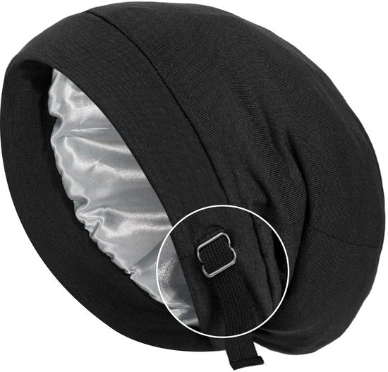 Cappello da notte unisex, con cappuccio elastico, morbido e confortevole, con fodera di seta, modello a ciuffo, cappuccio regolabile, adatto a entrambi i sessi, Nero