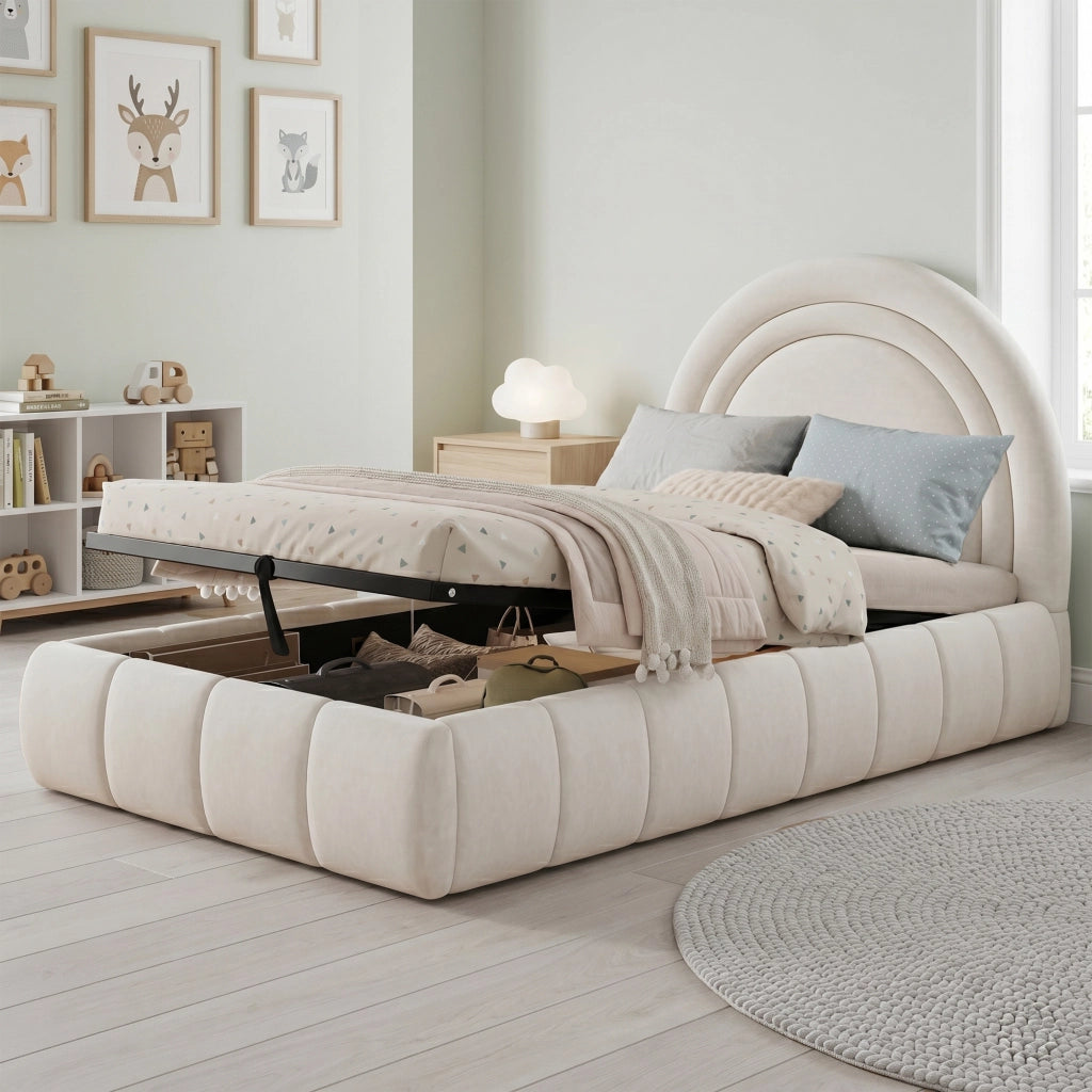 Letto imbottito per bambini 90x200 cm con rete a doghe, contenitore salvaspazio, velluto beige