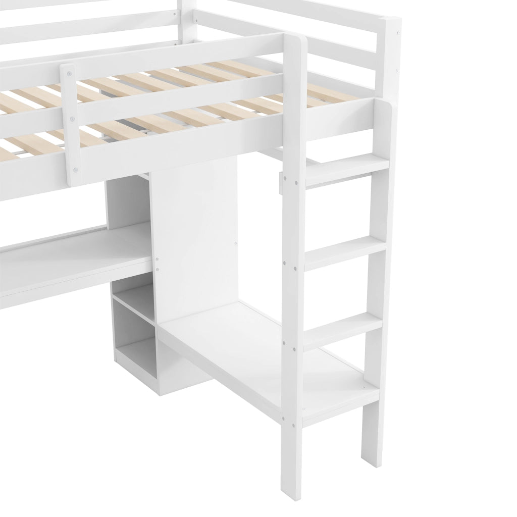 LETTO A CASTELLO ALTO 140x200 con scrivania integrata, LED e USB, bianco