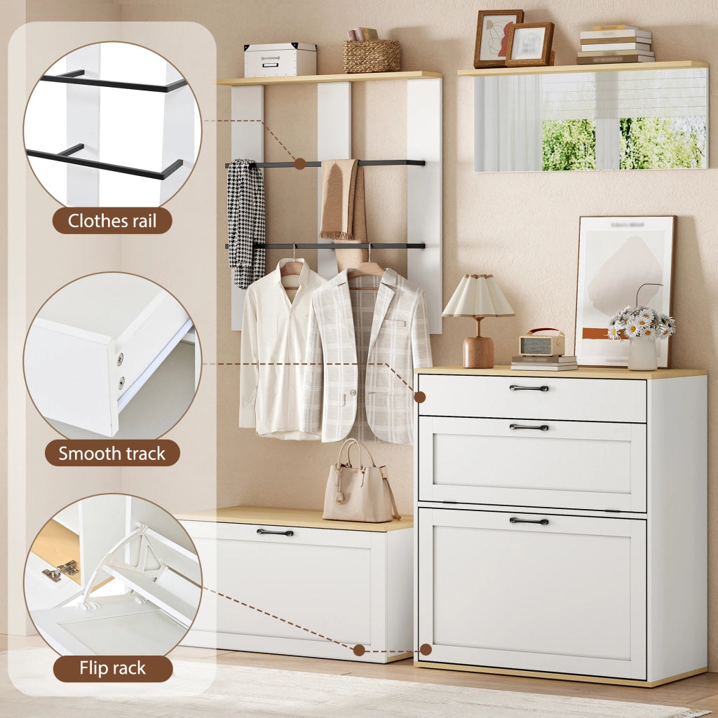 Mobili da ingresso modulari con scarpiera a ribalta, cassetto, specchio e appendiabiti per ingresso 156 × 36 × 176 cm
