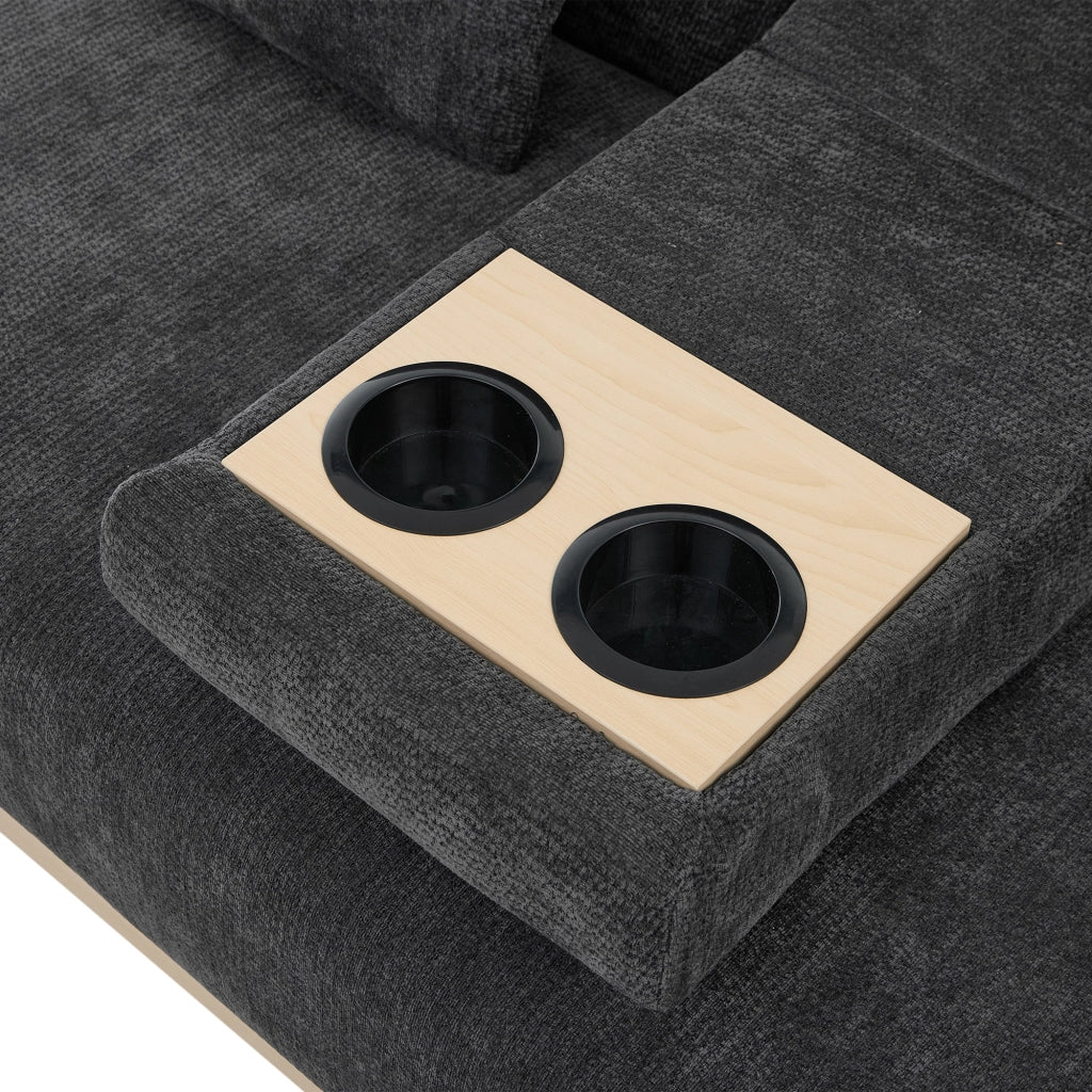 Divano modulare, schienale regolabile, 2 cassetti, tessuto chenille, struttura in MDF, con portabicchieri, poggiapiedi con vano portaoggetti, grigio