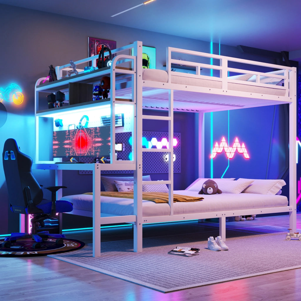 OKWISH Letto a Castello 140×200 cm, Letto Matrimoniale con Scrivania, LED Regolabile, USB, Ripiani e Scala, senza Materasso, Bianco
