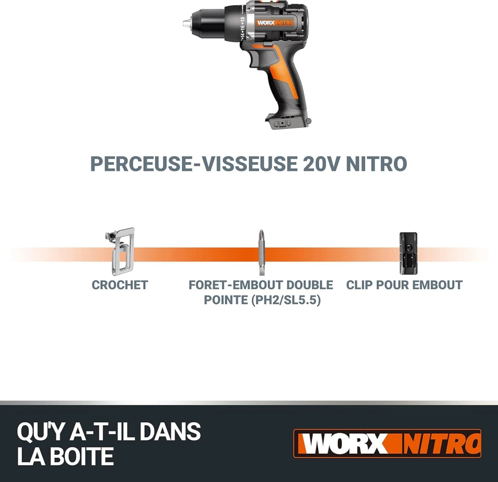 NITRO WX102.9 - Trapano Avvitatore a Batteria 20V, Senza Spazzole, 60 Nm, Trasmissione a 2 Marce, Luce LED, per Foratura e Viti, Senza Caricatore