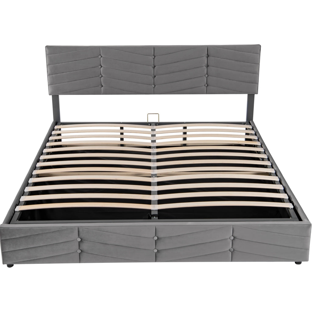 Letto matrimoniale imbottito in velluto grigio 160x200 cm con testiera regolabile e contenitore