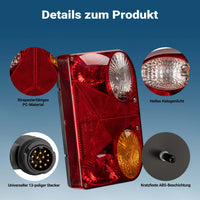 Luci posteriori per rimorchio 2 pezzi Con 5 funzioni Cavo 5 m incluso Presa 13 poli Lampade 12V