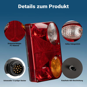 Luci posteriori per rimorchio 2 pezzi Con 5 funzioni Cavo 5 m incluso Presa 13 poli Lampade 12V