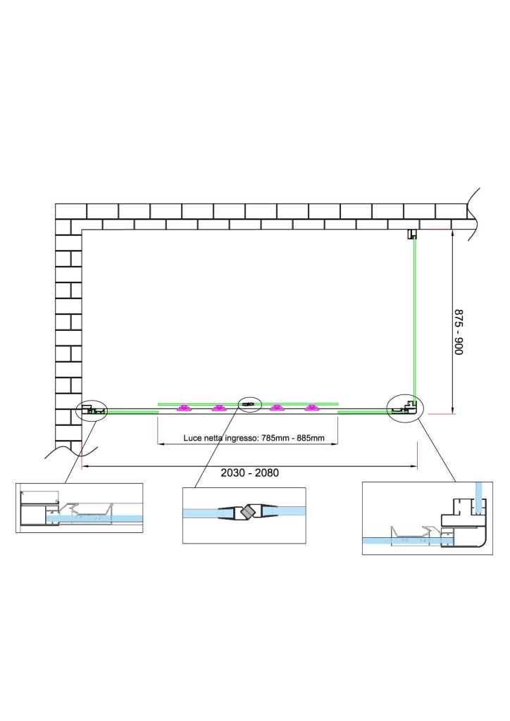 Box doccia 6 mm H 190 parete fissa e porta a 4 ante con apertura centrale MISURA 87,5-90 ANTA FISSA + PORTA 203-208