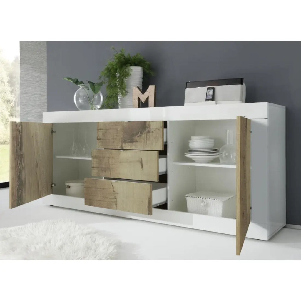 Buffet 2 porte e 3 cassetti, collezione ISORA, colori bianco e rovere chiaro