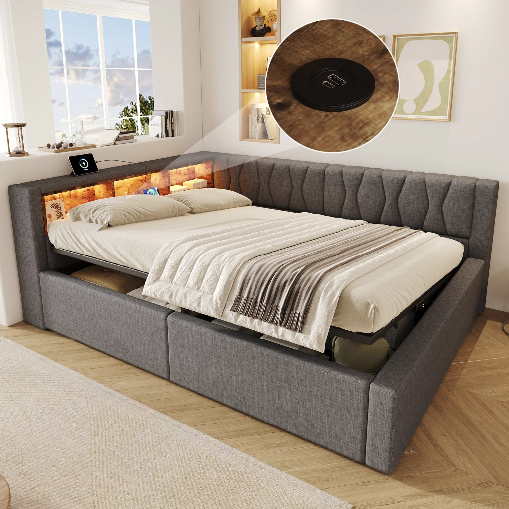 Letto contenitore 140x200 cm con sollevamento idraulico; LED dimmerabile; testiera con ripiano e USB; grigio