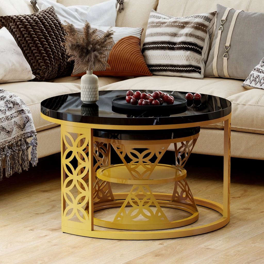 TAVOLINO DA CAFFÈ Set 2 Pezzi 70x70x45 cm Piano Nero Effetto Marmo con Struttura Color Oro