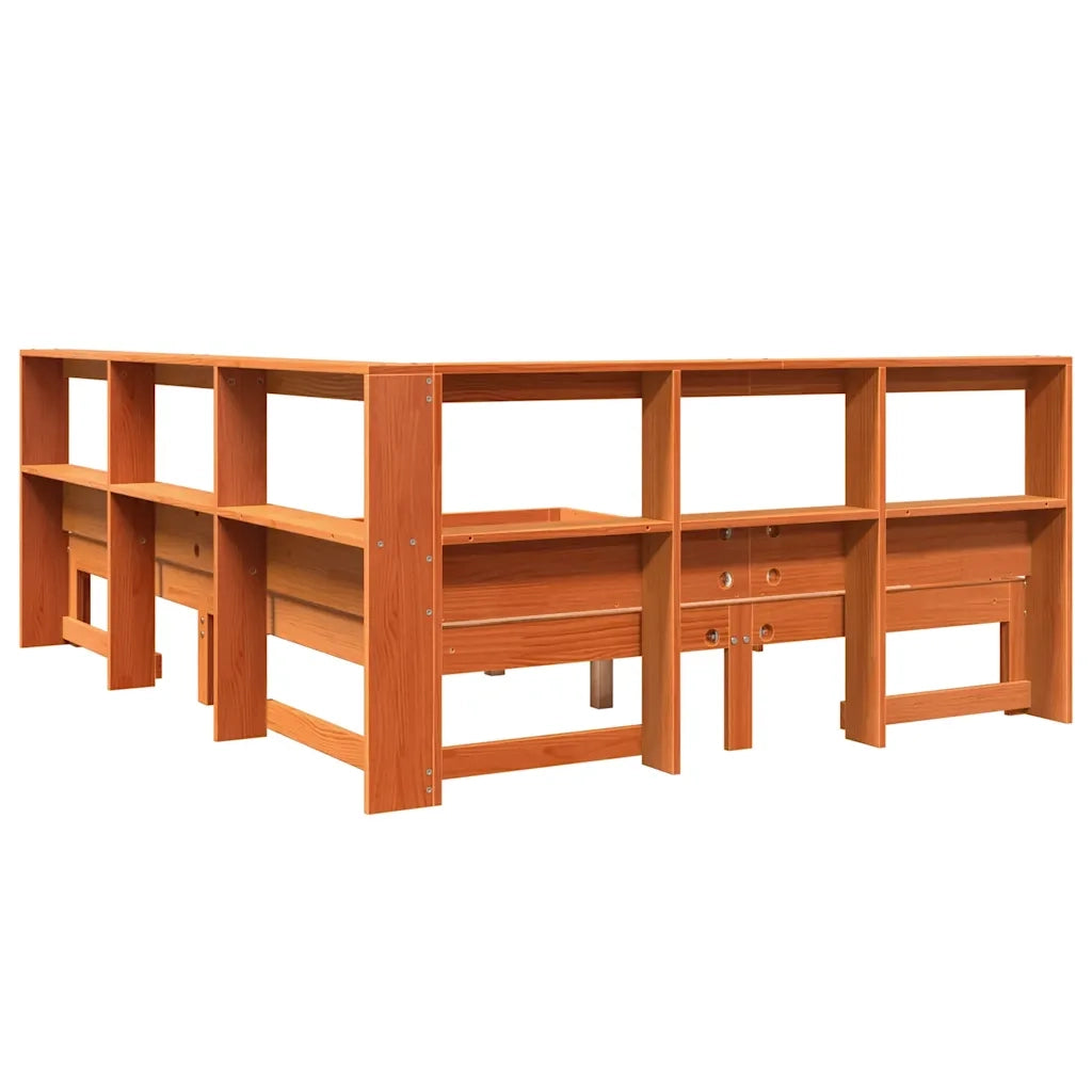 Letto Libreria senza Materasso-Struttura Letto con contenitore Marrone Cera 140x200 cm in Pino 129631