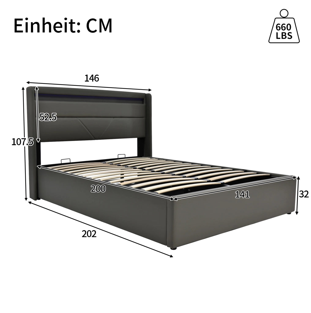 Letto imbottito 140x200 cm con contenitore; LED e sollevamento idraulico; PU grigio