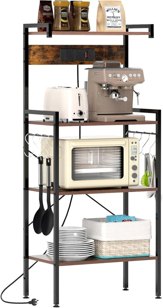 Scaffale da Cucina con Multipresa, Scaffale per Microonde su 4 Ripiani, Mensola da Cucina Struttura in Metallo con 8 Ganci, per Sala Pranzo e Pannettiera, 59 x 34 x 136 cm, Marrone Vintage