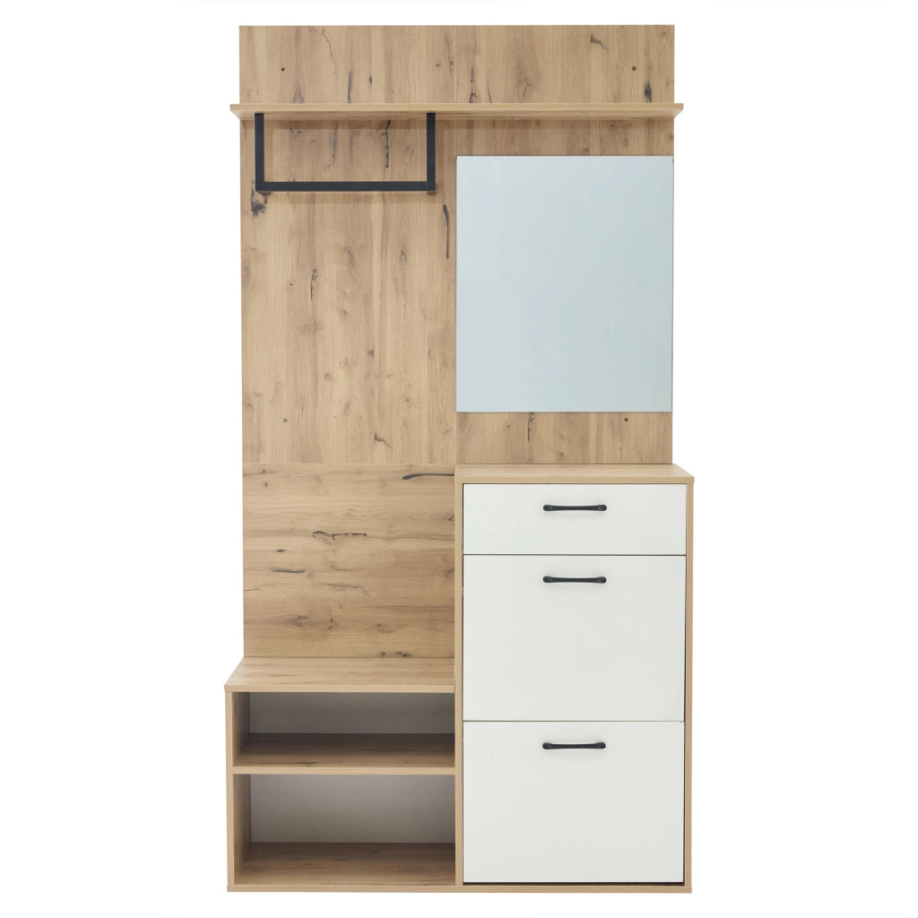 Set Ingresso con Specchio, Scarpiera, Panca e Appendiabiti ¨C MINIMAL ¨C Bianco/Legno, 100x38.5x190