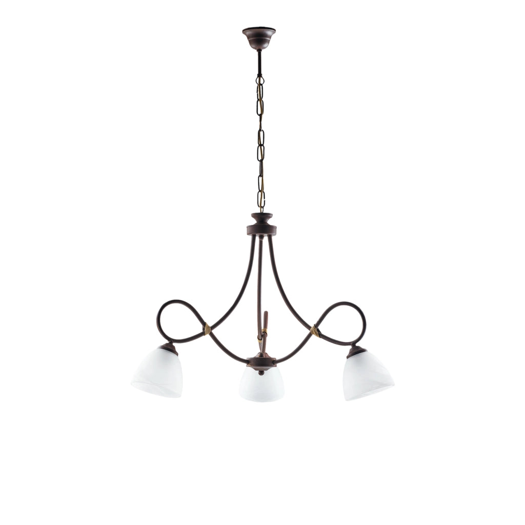 Lampadario 3 Luci Dallas Ferro Battuto Nero E Ruggine Vetro Bianco