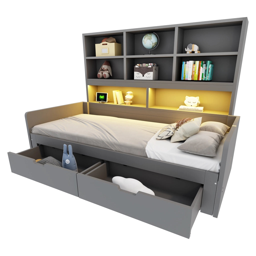 Letto multifunzione 90/180x200 cm in MDF grigio con LED; prese e cassetti