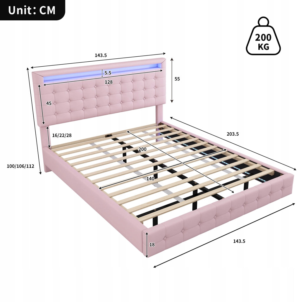 Letto matrimoniale 140x200 LED - Xylo - Regolazione testiera rosa