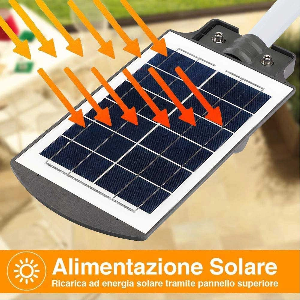 Faro Lampione Stradale LED 120W Ricarica Solare Telecomando Crepuscolare Dimmerabile